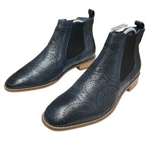 MONA FLYING Brogue Chelsea Boots Pull On Perforated Leather Navy Artisan 7.5 NEW